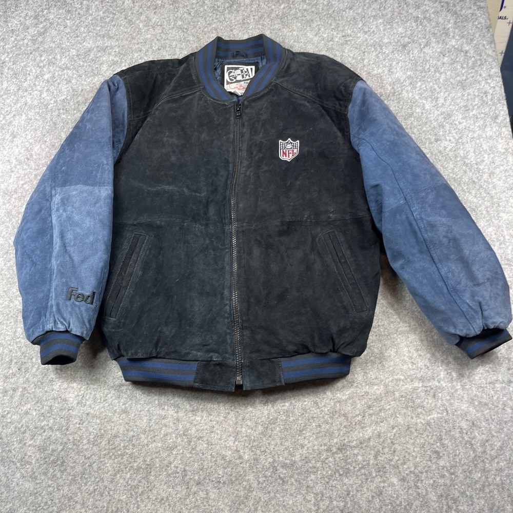 GIII & Carl Banks NFL FedEx Suede Leather Bomber Jacket Mens Large Blue‎ Black